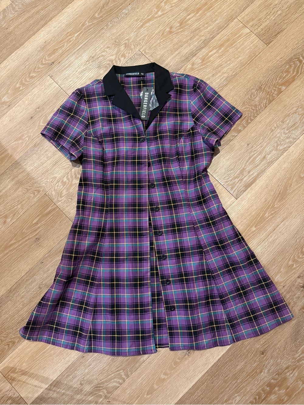 Dangerfield Purple Plaid Button-Front Dress with Black Collar